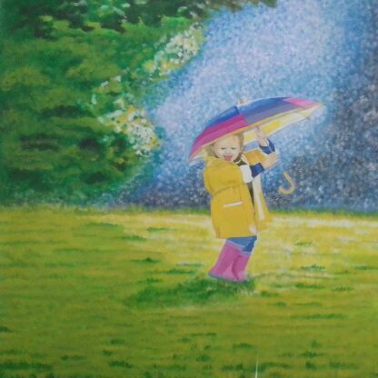 Original acrylic on canvas painting of little girl with umbrella in the rain. Check out more of our art for sale